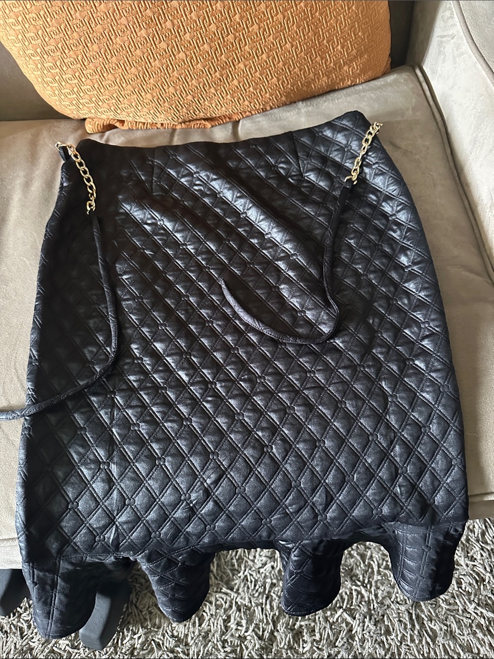 Quilted Black Midi Skirt with Ruffle Hem